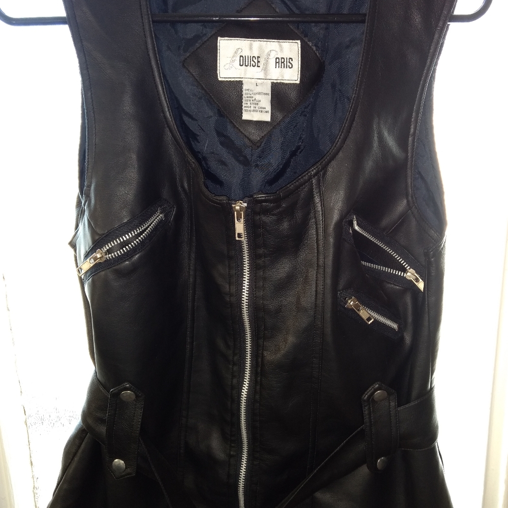 Vegan mock leather women's black biker style vest waistcoat w belt large - Picture 2 of 8